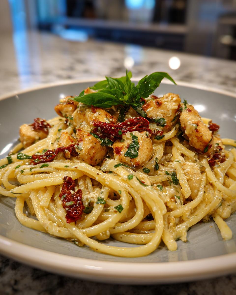 A close-up of creamy Parmesan Marry Me Chicken Pasta topped with sun-dried tomatoes and fresh basil.