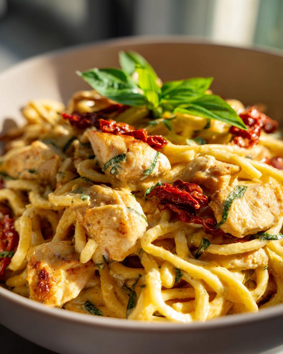 A close-up of creamy Parmesan Marry Me Chicken Pasta, featuring tender chicken pieces, sun-dried tomatoes, and fresh basil.