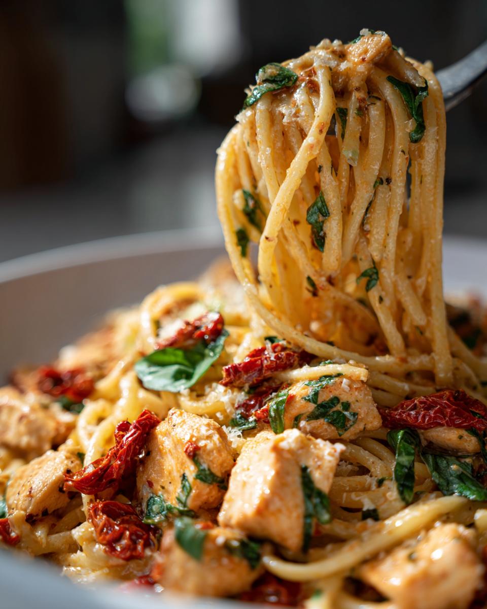 A fork lifting a swirl of Parmesan Marry Me Chicken Pasta, featuring tender chicken, sun-dried tomatoes, and fresh basil.