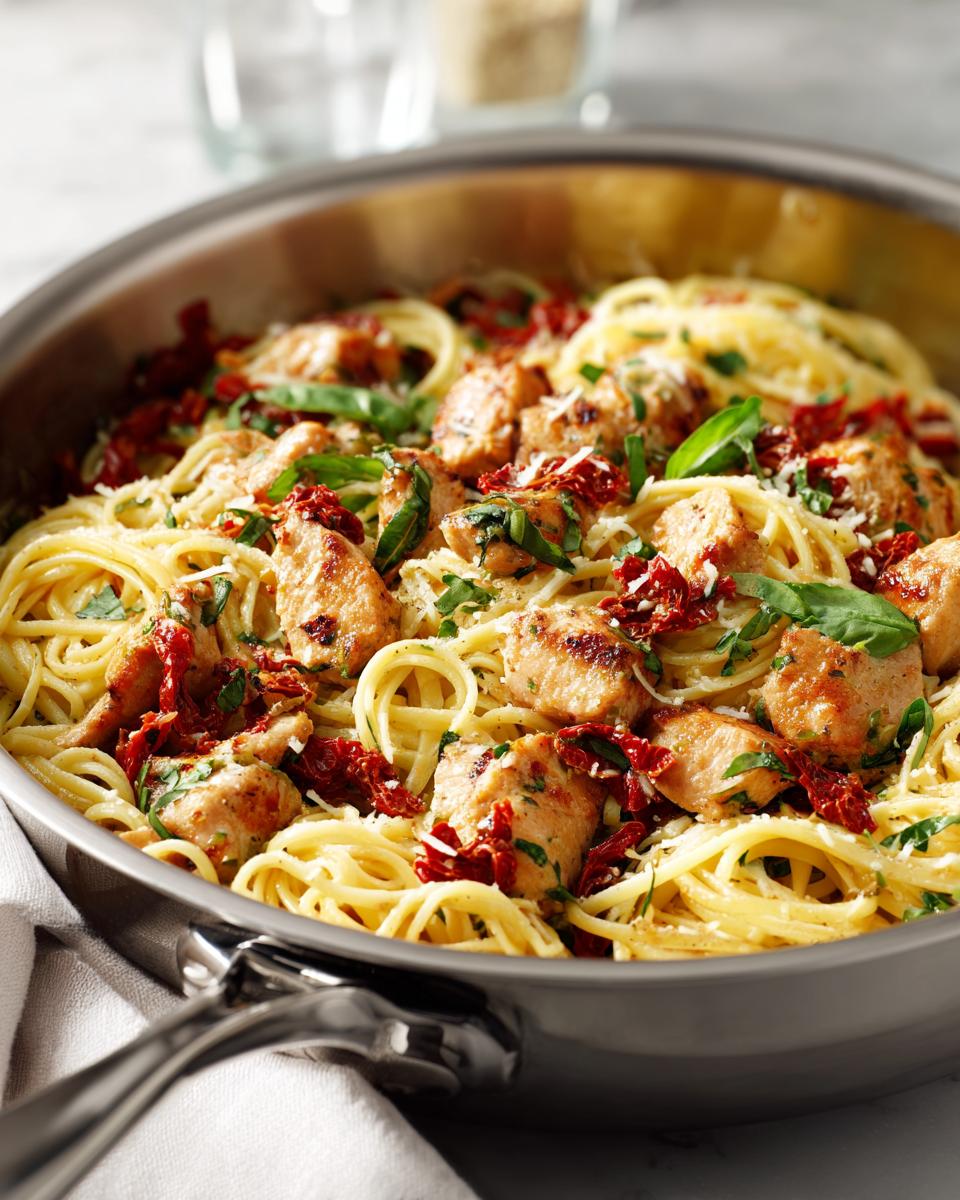 A close-up of Parmesan Marry Me Chicken Pasta with sun-dried tomatoes and basil in a stainless steel pan.