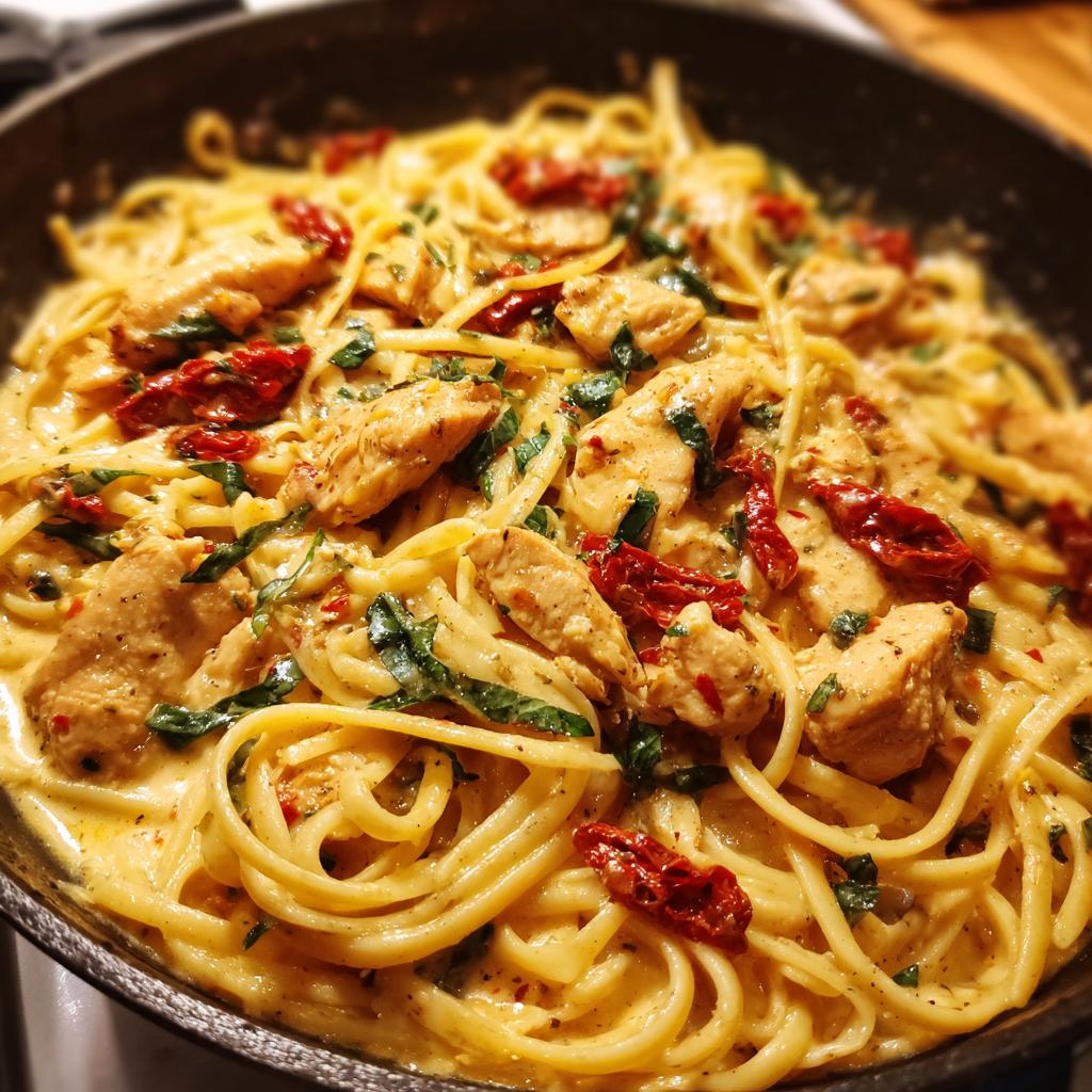 A close-up of creamy Parmesan Marry Me Chicken Pasta with sun-dried tomatoes and basil in a skillet.