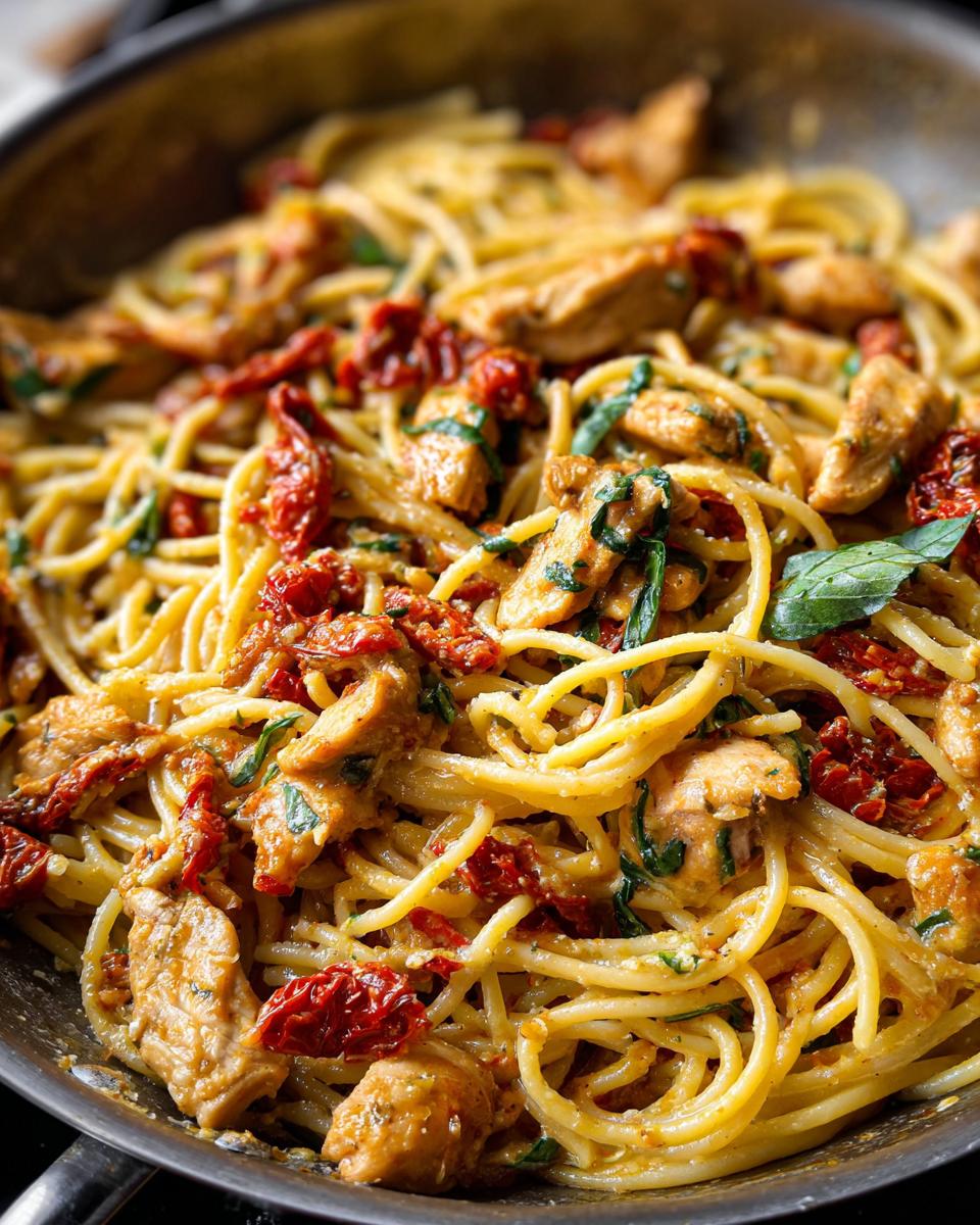 Close-up of creamy Parmesan Marry Me Chicken Pasta with sun-dried tomatoes and basil in a skillet.
