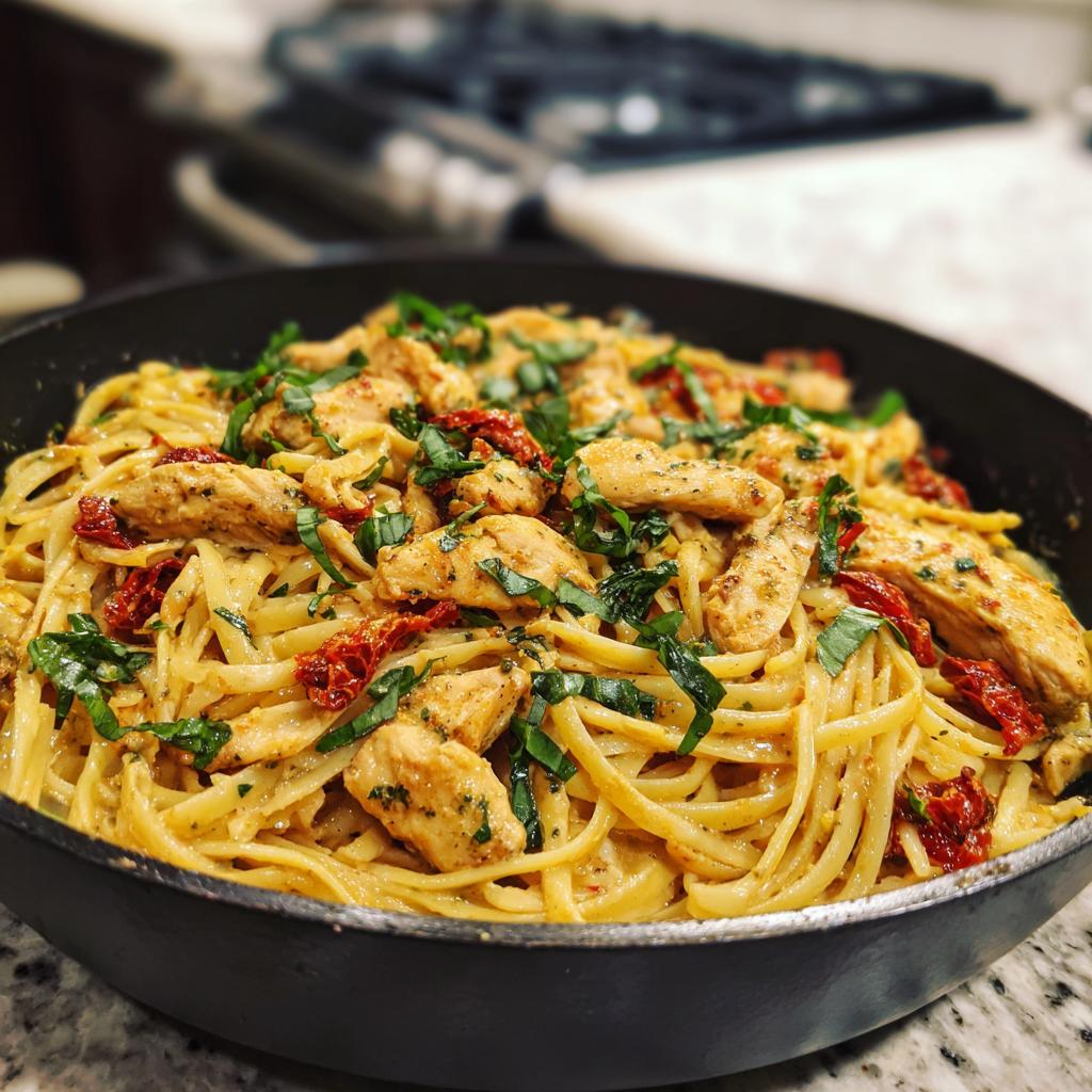 A close-up of creamy Parmesan Marry Me Chicken Pasta with sun-dried tomatoes and basil in a black skillet.