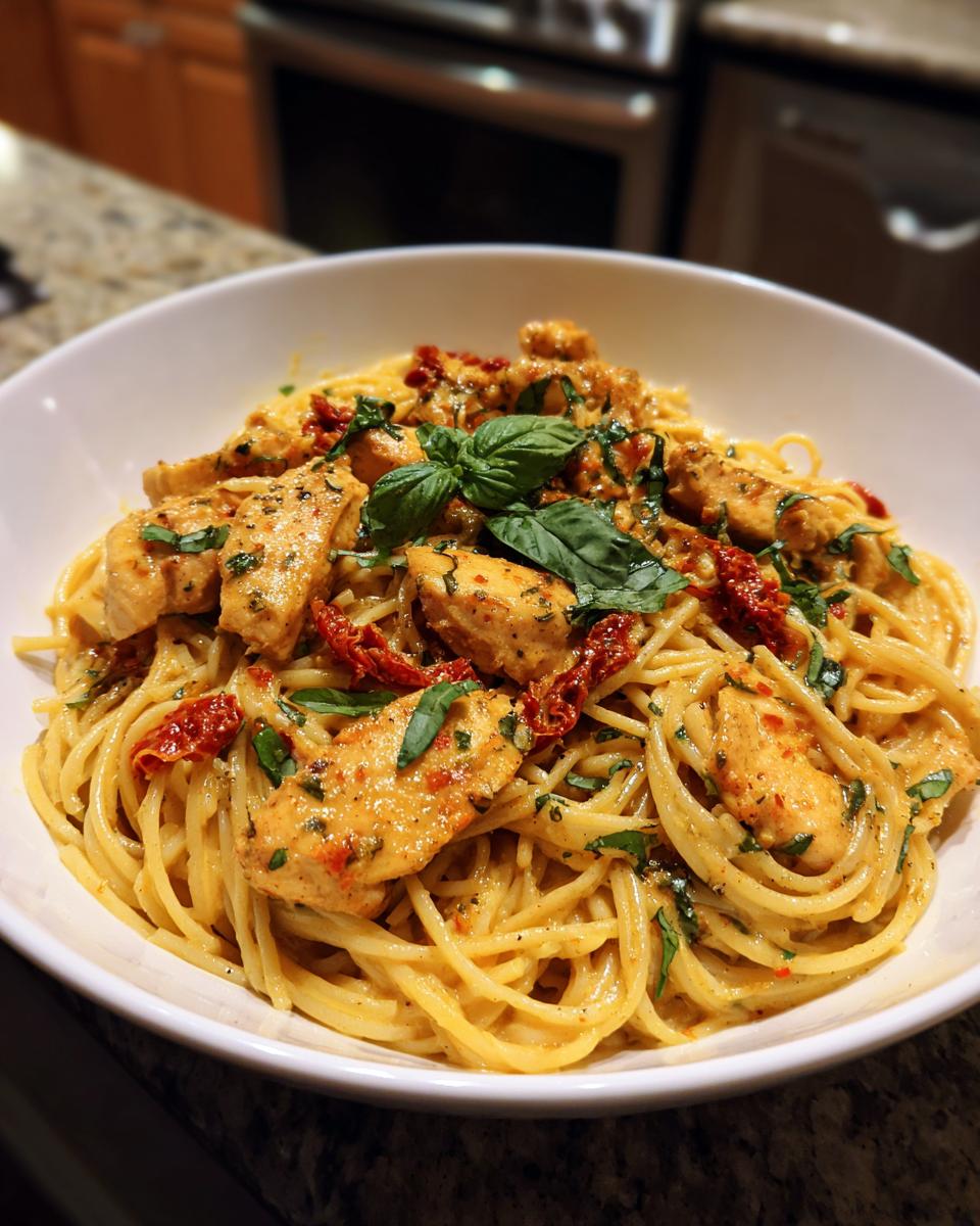 A bowl of Parmesan Marry Me Chicken Pasta with tender chicken pieces, sun-dried tomatoes, and fresh basil.