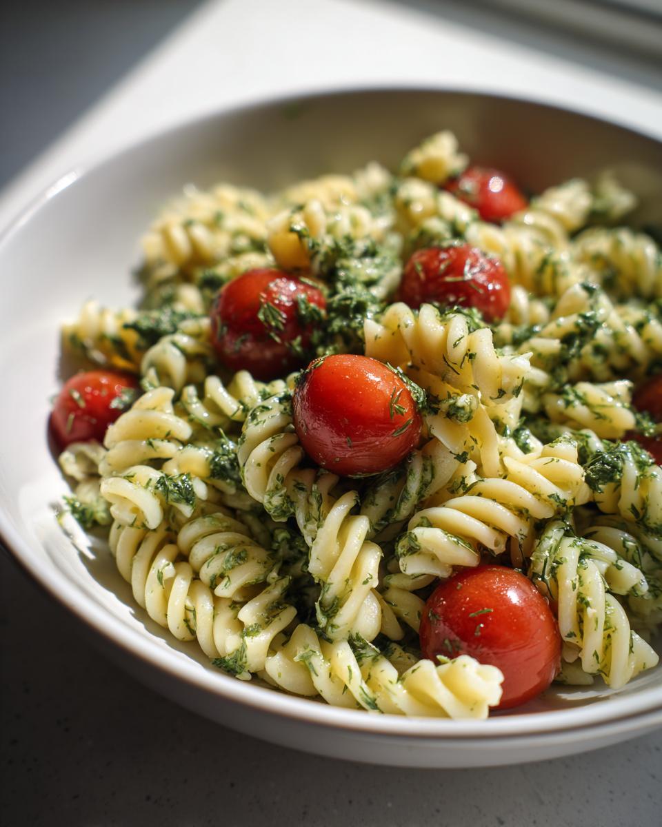 Close-up of a bowl of pasta salad with cherry tomatoes and fresh herbs, a perfect summer salad recipe.