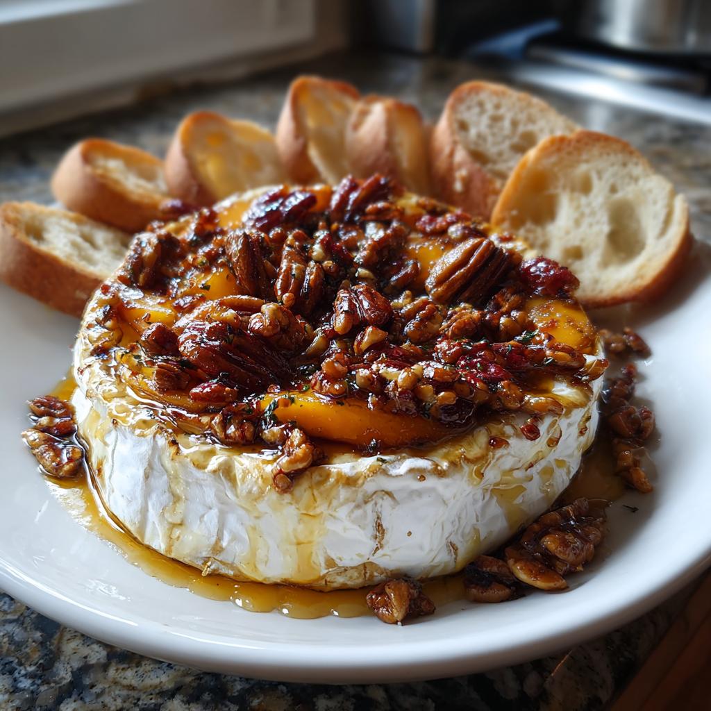 A round of baked brie topped with peaches, toasted pecans, and drizzled with honey, served with toasted baguette slices.