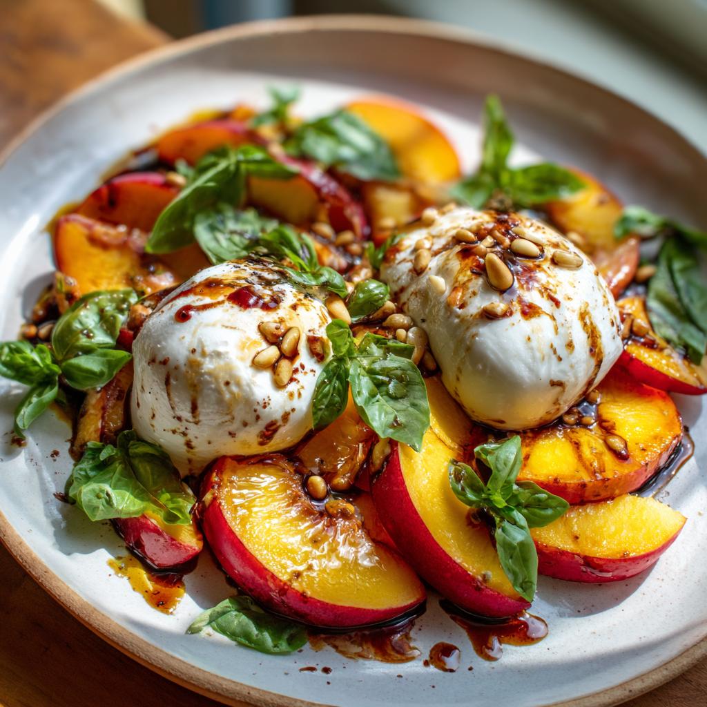A refreshing peach burrata platter with fresh basil, pine nuts, and balsamic glaze, perfect for summer salad recipes.
