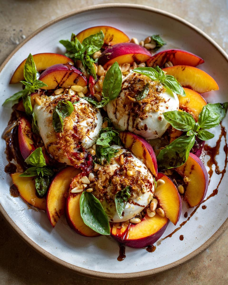 A vibrant summer salad featuring sliced peaches, creamy burrata, fresh basil, pine nuts, and a balsamic glaze.