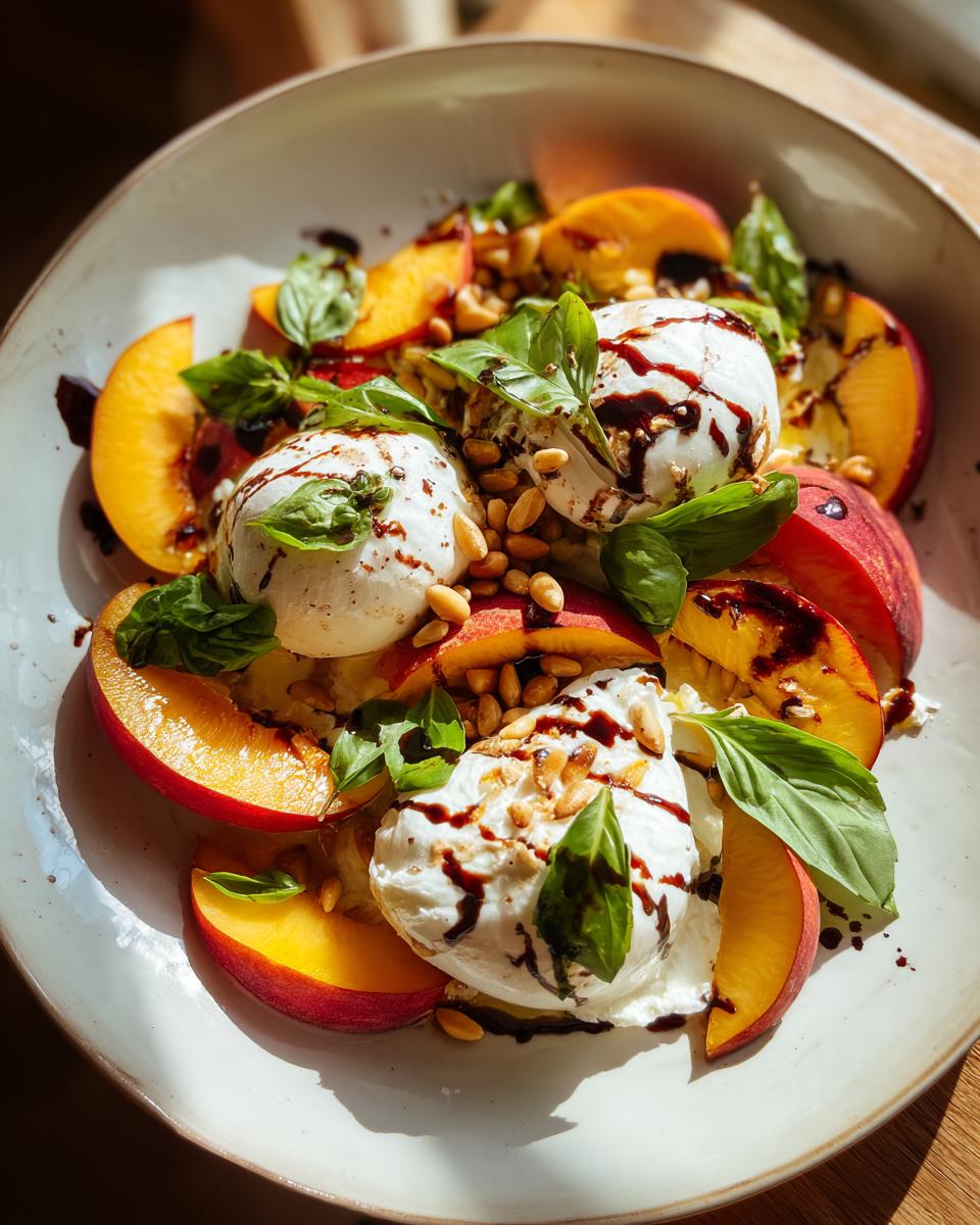 A vibrant Summer Salad Recipe featuring a Peach Burrata Platter with fresh peaches, creamy burrata, basil, pine nuts, and balsamic glaze.