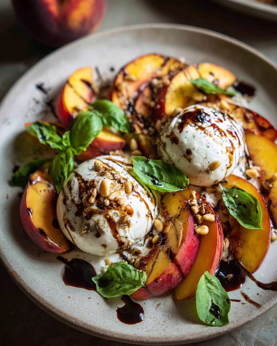 A beautiful summer salad featuring grilled peaches, creamy burrata cheese, fresh basil, pine nuts, and a balsamic glaze.