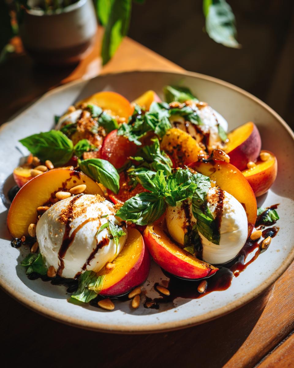 A refreshing peach burrata platter with fresh peaches, creamy burrata cheese, basil, pine nuts, and balsamic glaze.