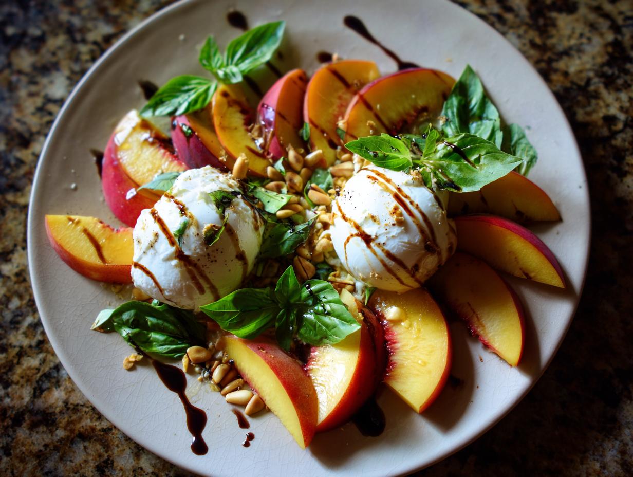 A refreshing peach burrata platter salad with fresh basil, pine nuts, and balsamic glaze.