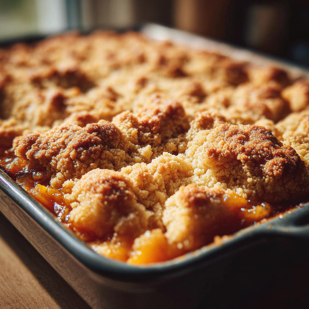 Close-up of a freshly baked peach cobbler with a golden brown, crumbly topping and bubbling peach filling.