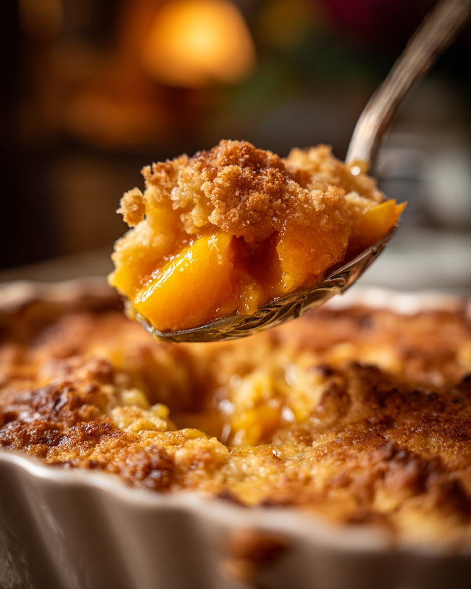 A spoonful of warm peach cobbler with brown sugar topping, showcasing juicy peaches and a crumbly crust.