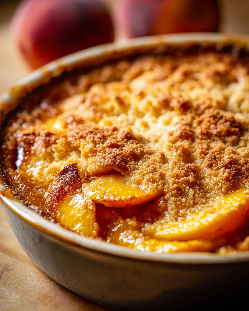 Close-up of a bubbling peach cobbler with a golden brown sugar crumble topping, showcasing juicy peach slices.