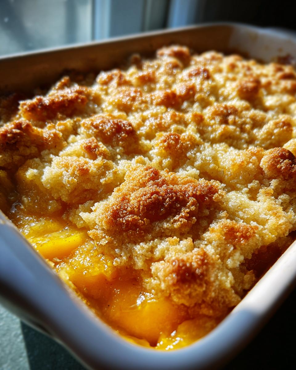 Close-up of a golden brown peach cobbler with a crumbly topping, showcasing juicy peaches underneath.