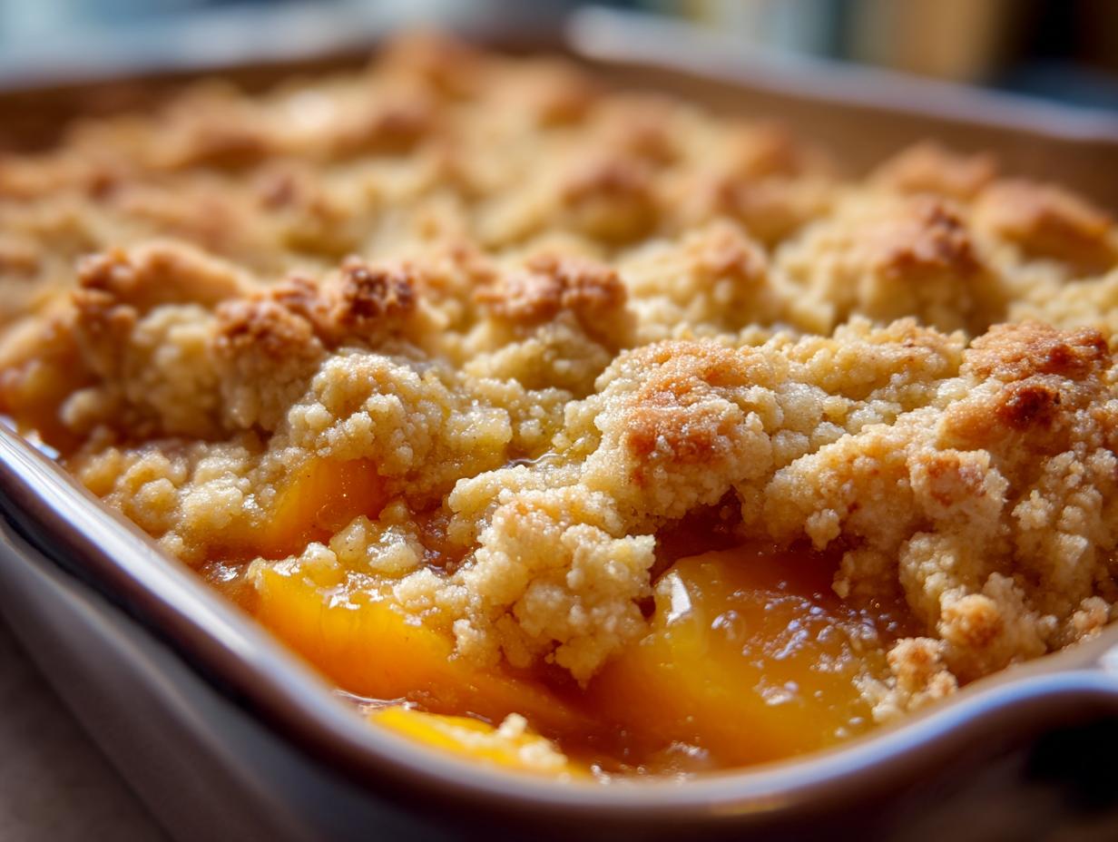 Close-up of a golden brown peach cobbler with a crumbly brown sugar topping, showing juicy peaches underneath.