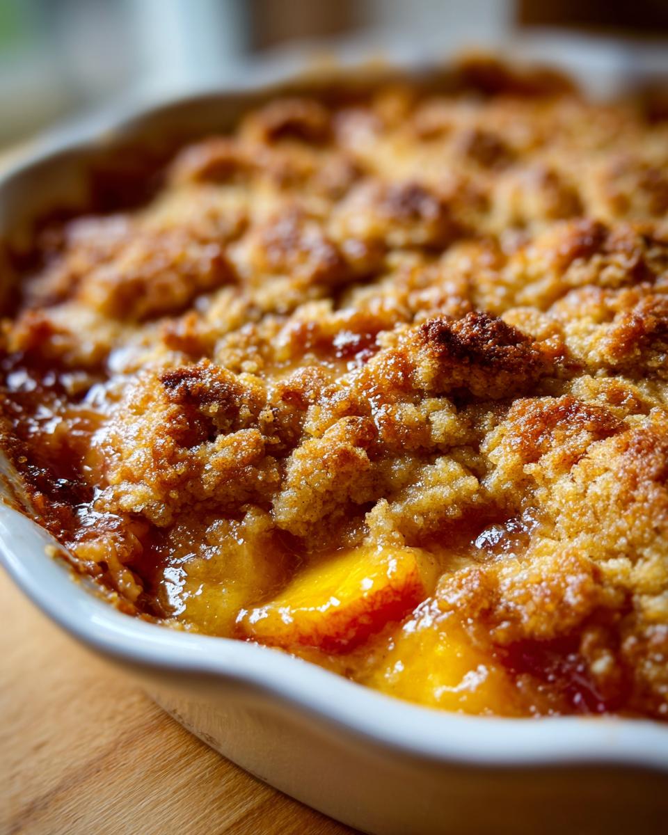 Close-up of a golden-brown peach cobbler with bubbly fruit filling and a crumbly brown sugar topping.