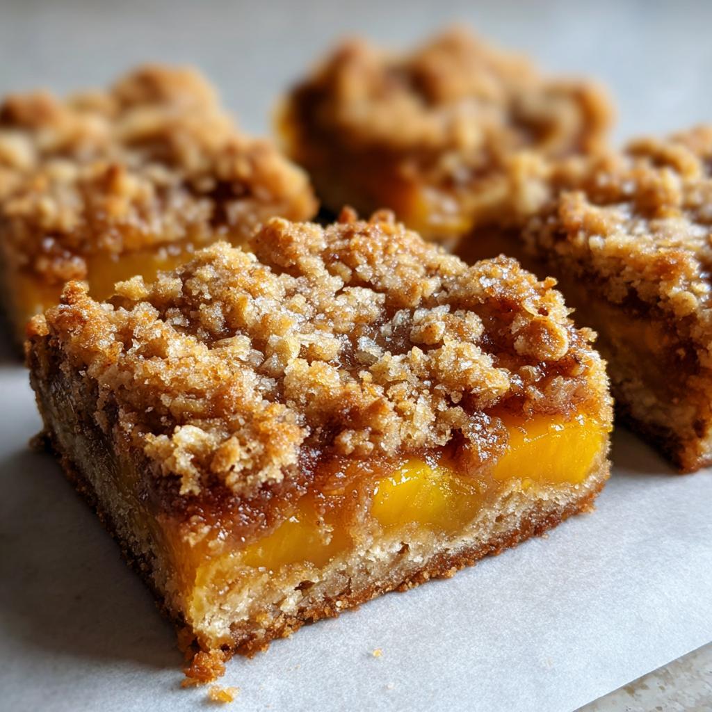 Close-up of delicious peach crumble bars with a golden buttery oat topping and juicy peach filling.