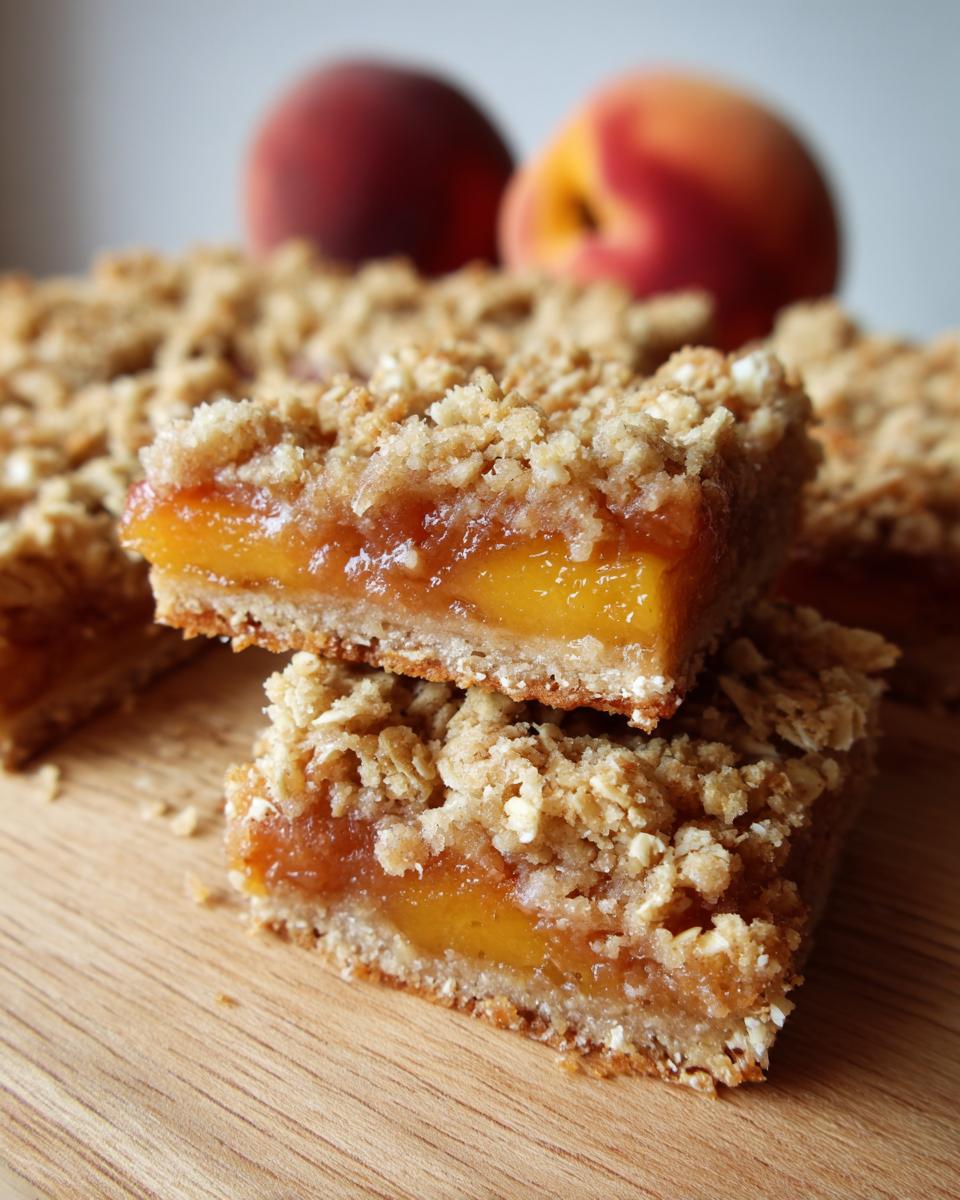 Close-up of two Peach Crumble Bars stacked, showcasing the juicy peach filling and buttery oat topping.
