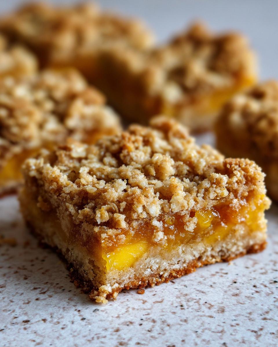 Close-up of a delicious peach crumble bar with a buttery oat topping and a gooey peach filling.