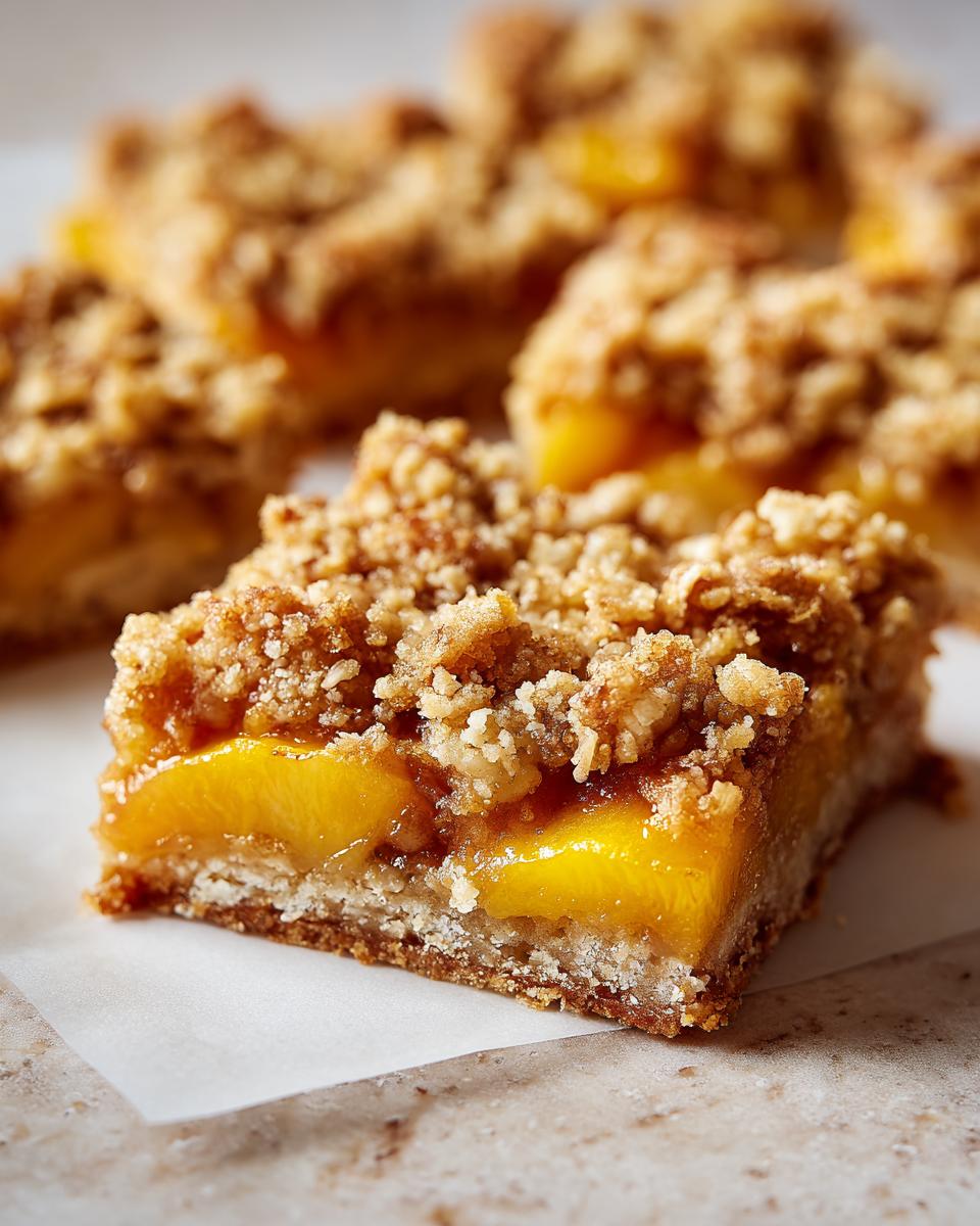 Close-up of a delicious peach crumble bar with a thick layer of juicy peaches and a buttery oat topping.