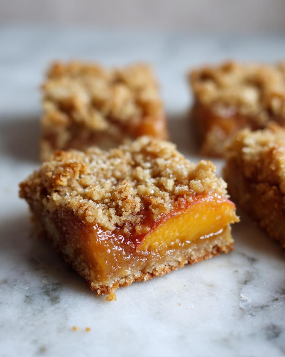 Close-up of a delicious peach crumble bar with a buttery oat topping, showcasing juicy peach filling.