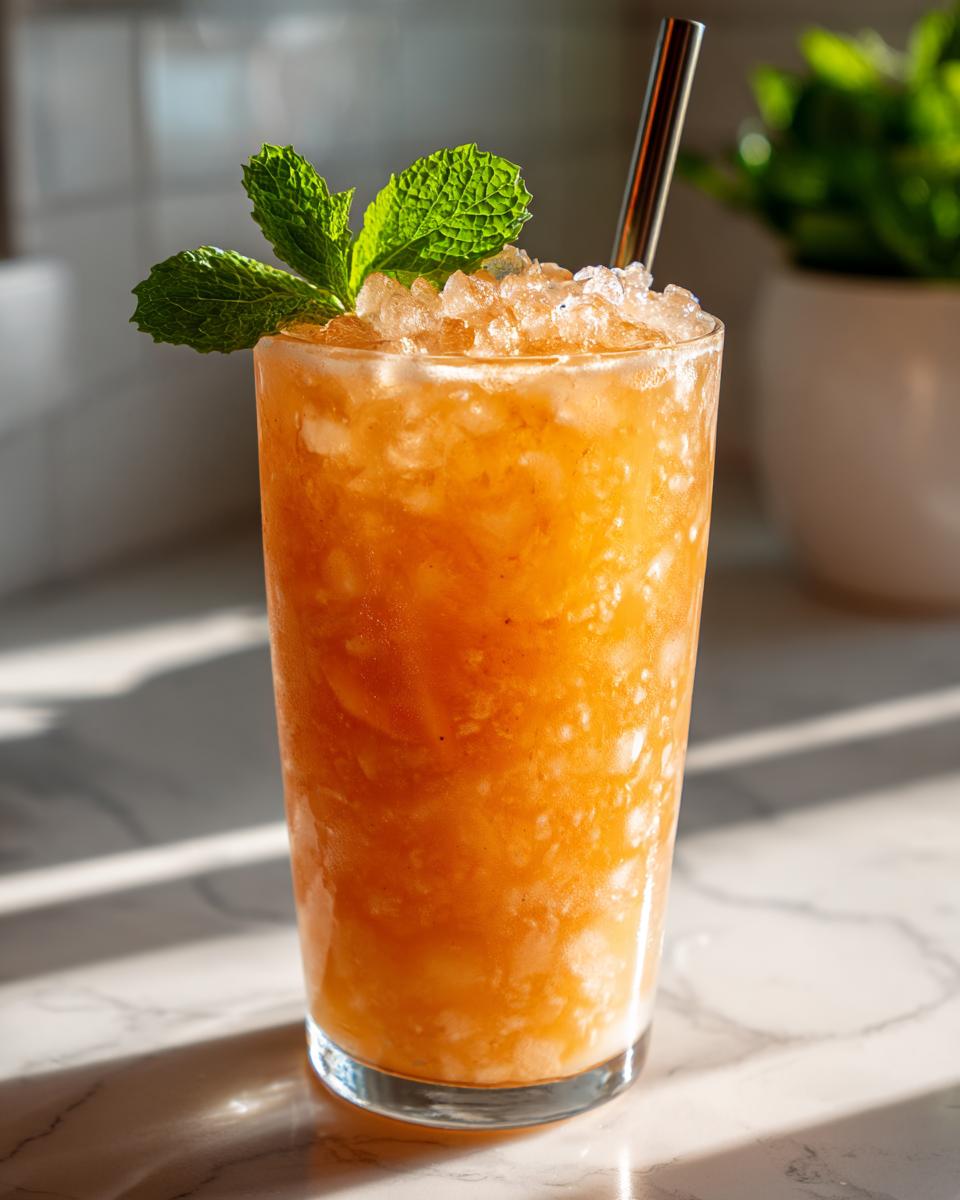 A tall glass filled with a vibrant orange peach iced tea slush, topped with crushed ice and fresh mint leaves, perfect for hot afternoons.