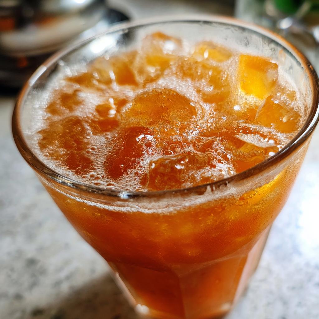 Close-up of a glass filled with peach iced tea slush and ice cubes, perfect for hot afternoons.