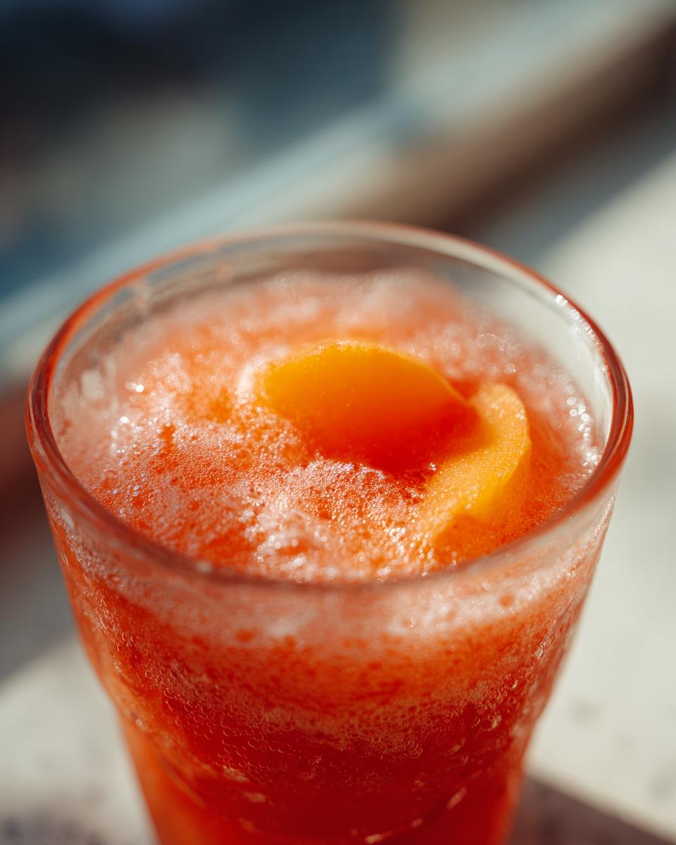 Close-up of a frosty glass filled with a vibrant orange peach iced tea slush, garnished with a peach slice.