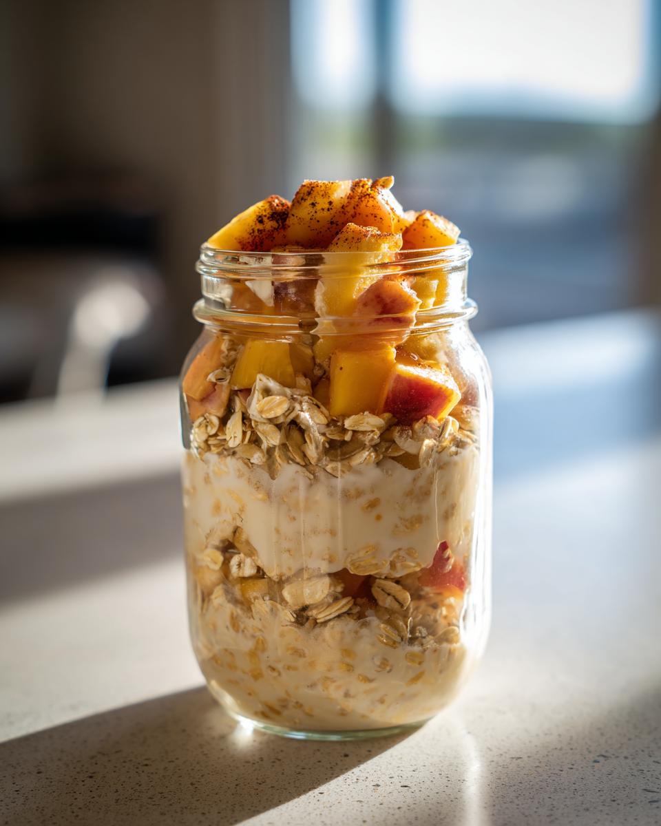 A glass jar filled with overnight oats and fresh peach slices, topped with cinnamon.