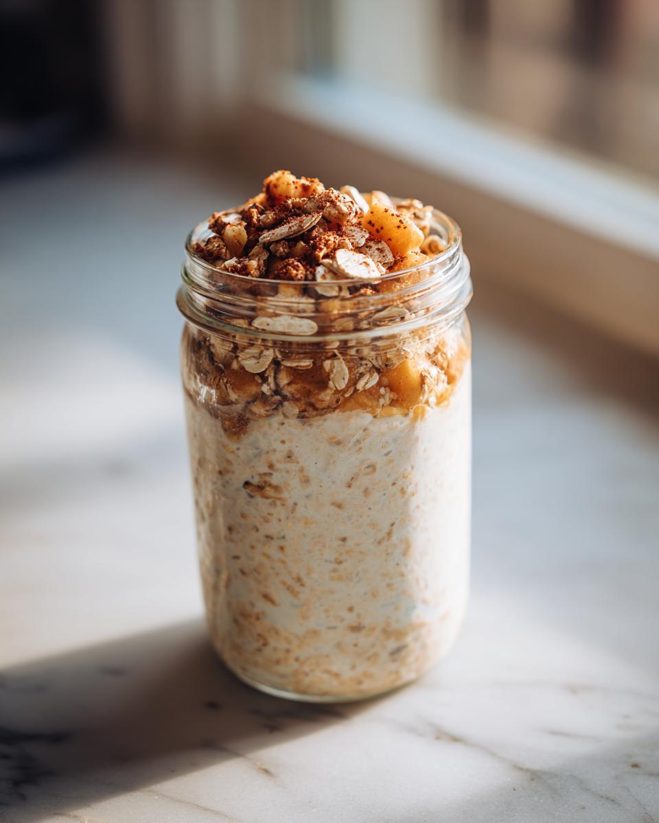 Overnight oats in a jar topped with peaches, granola, and cinnamon, part of Peach Recipes.