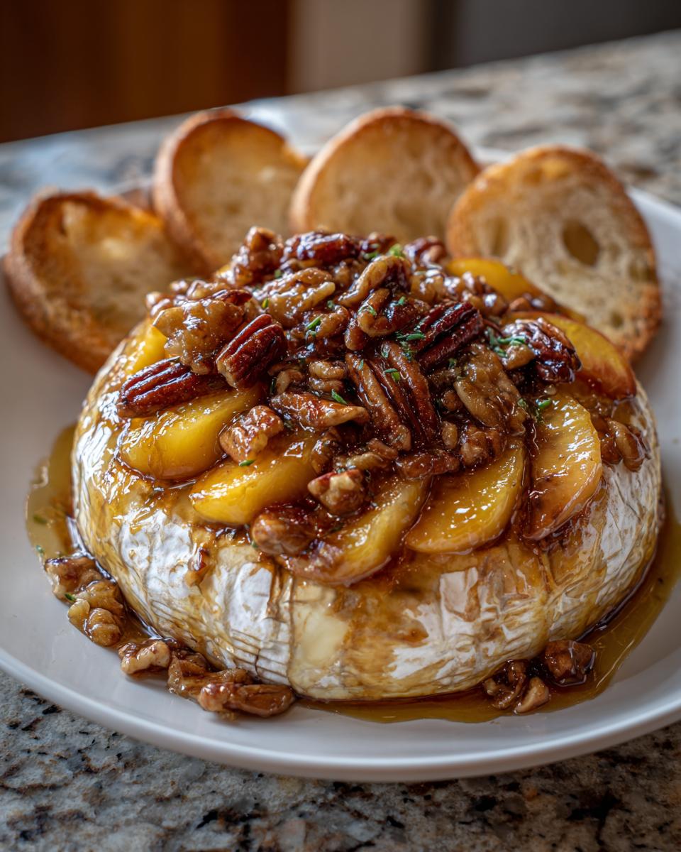 A wheel of baked brie topped with sliced peaches, toasted pecans, and a drizzle of glaze, served with toasted baguette slices.