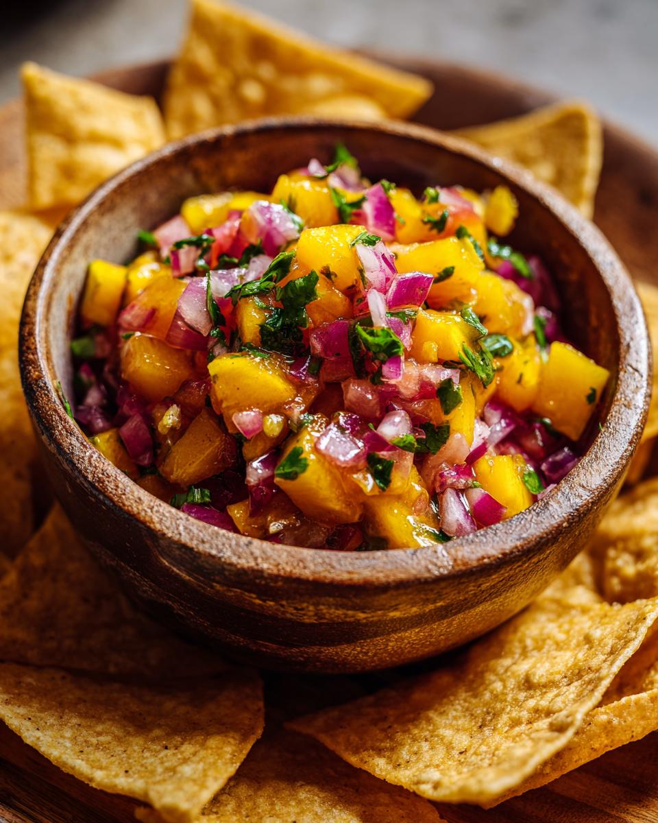 Close-up of a wooden bowl filled with fresh peach salsa, surrounded by cinnamon chips.