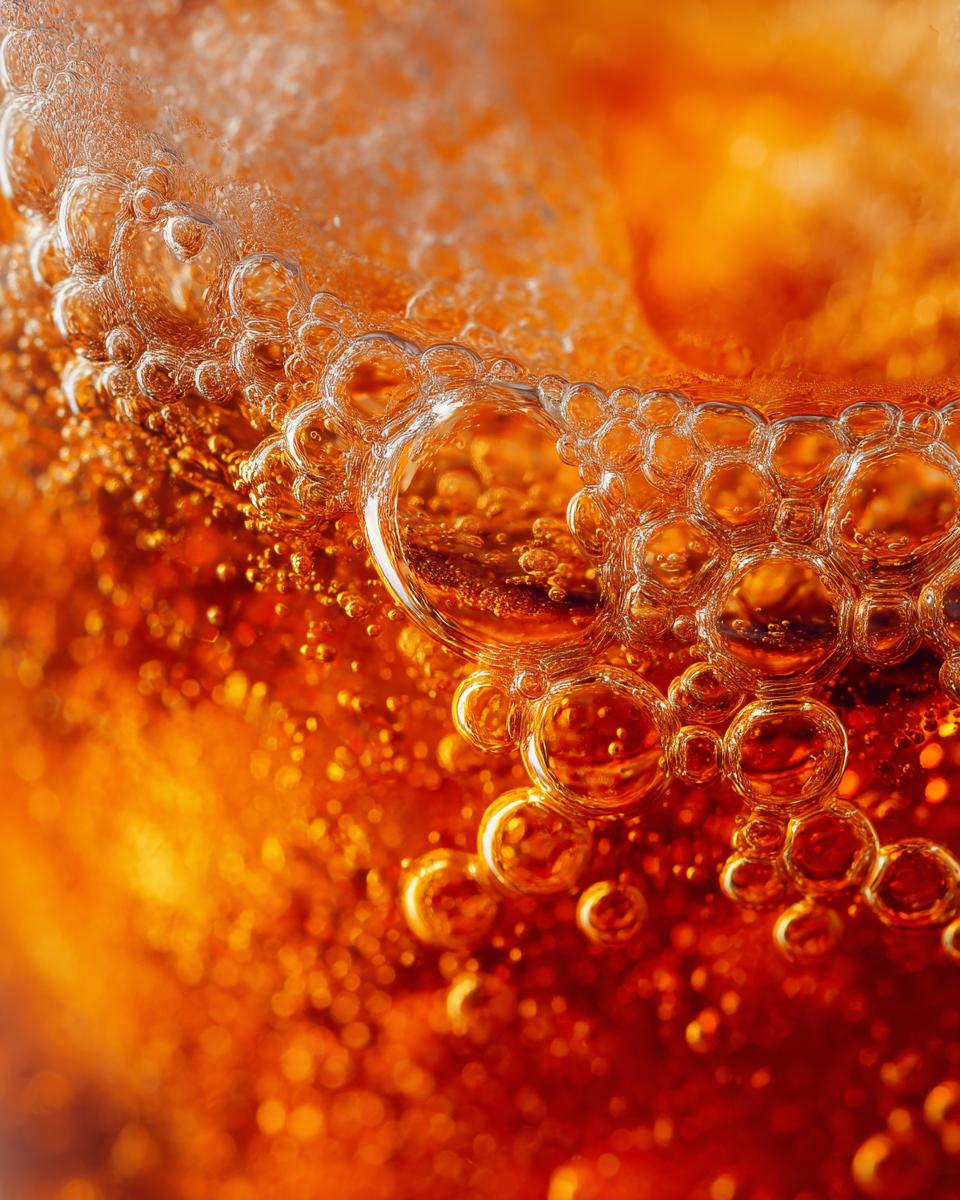 Close-up macro shot of bubbles in a vibrant orange iced tea slush, perfect for peach recipes.