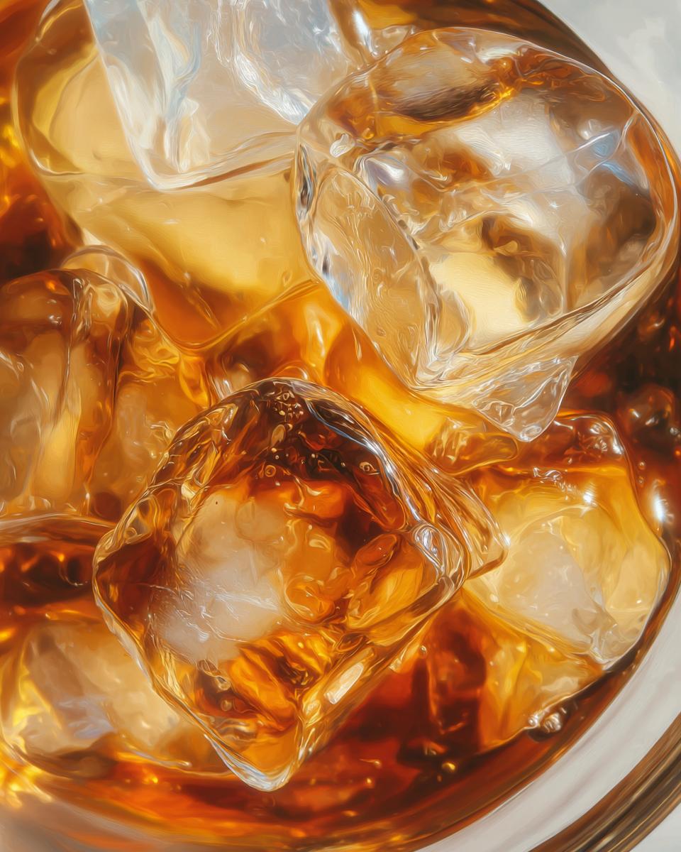 Close-up of ice cubes in a glass filled with amber-colored iced tea, perfect for peach recipes.