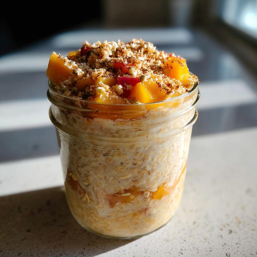 A close-up of overnight oats in a jar, topped with fresh peach slices and a crumble topping, showcasing the peach recipes.