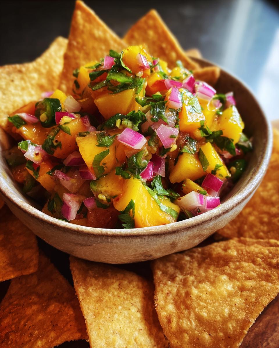 A bowl of fresh peach salsa with red onion, cilantro, and jalapeño, surrounded by cinnamon chips.