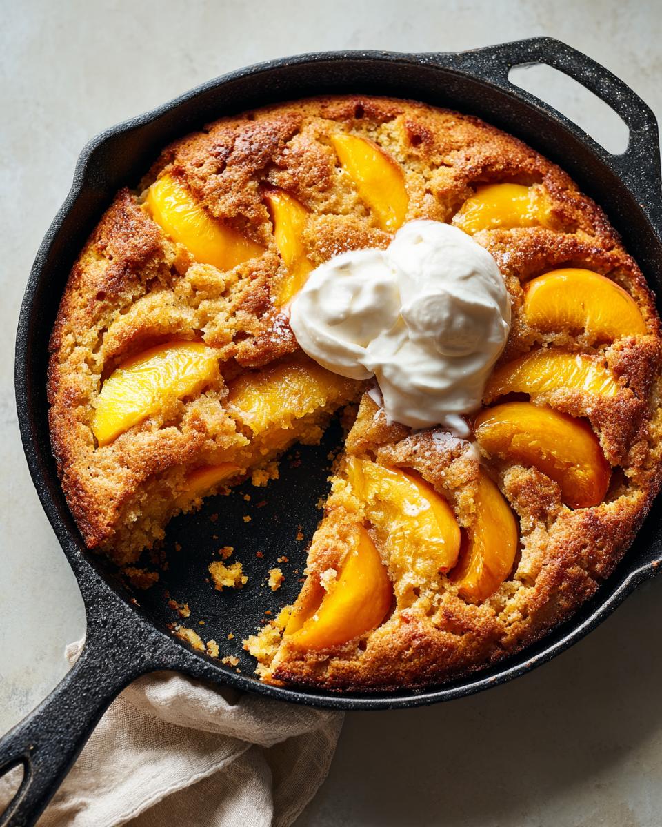 A rustic skillet cake baked with soft summer fruit, topped with a dollop of whipped cream.