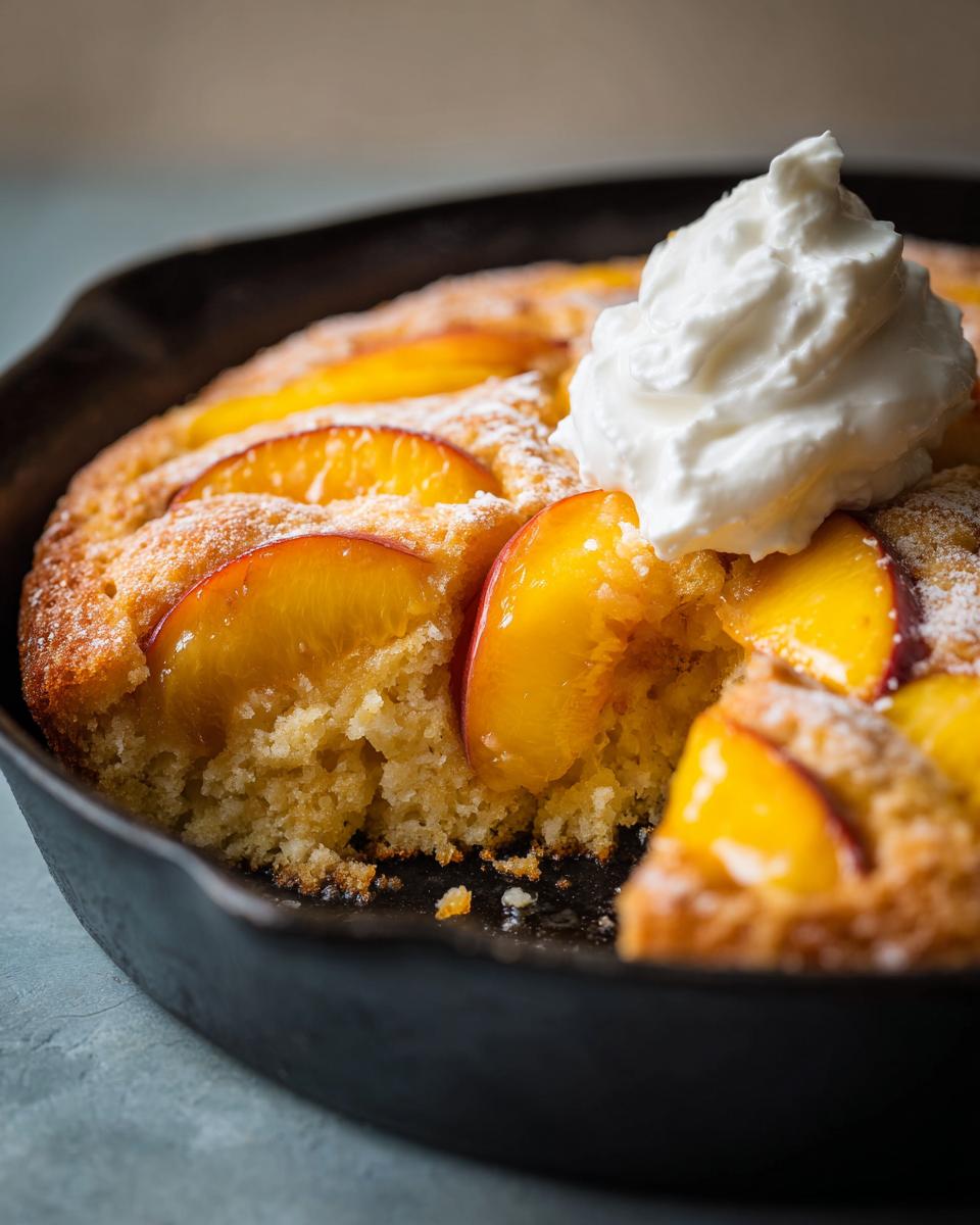 Close-up of a peach skillet cake topped with whipped cream and dusted with powdered sugar.