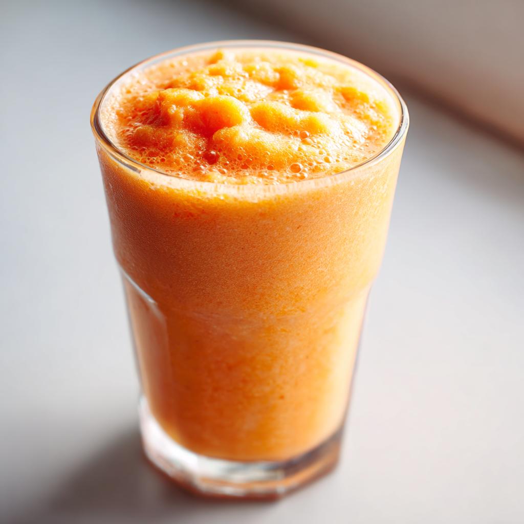 A tall glass filled with a creamy, frothy peach yogurt smoothie, perfect for breakfast or a snack.