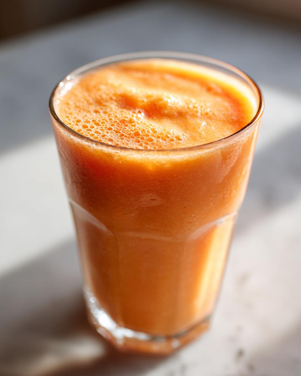 A close-up of a vibrant orange peach yogurt smoothie in a glass, topped with foam.