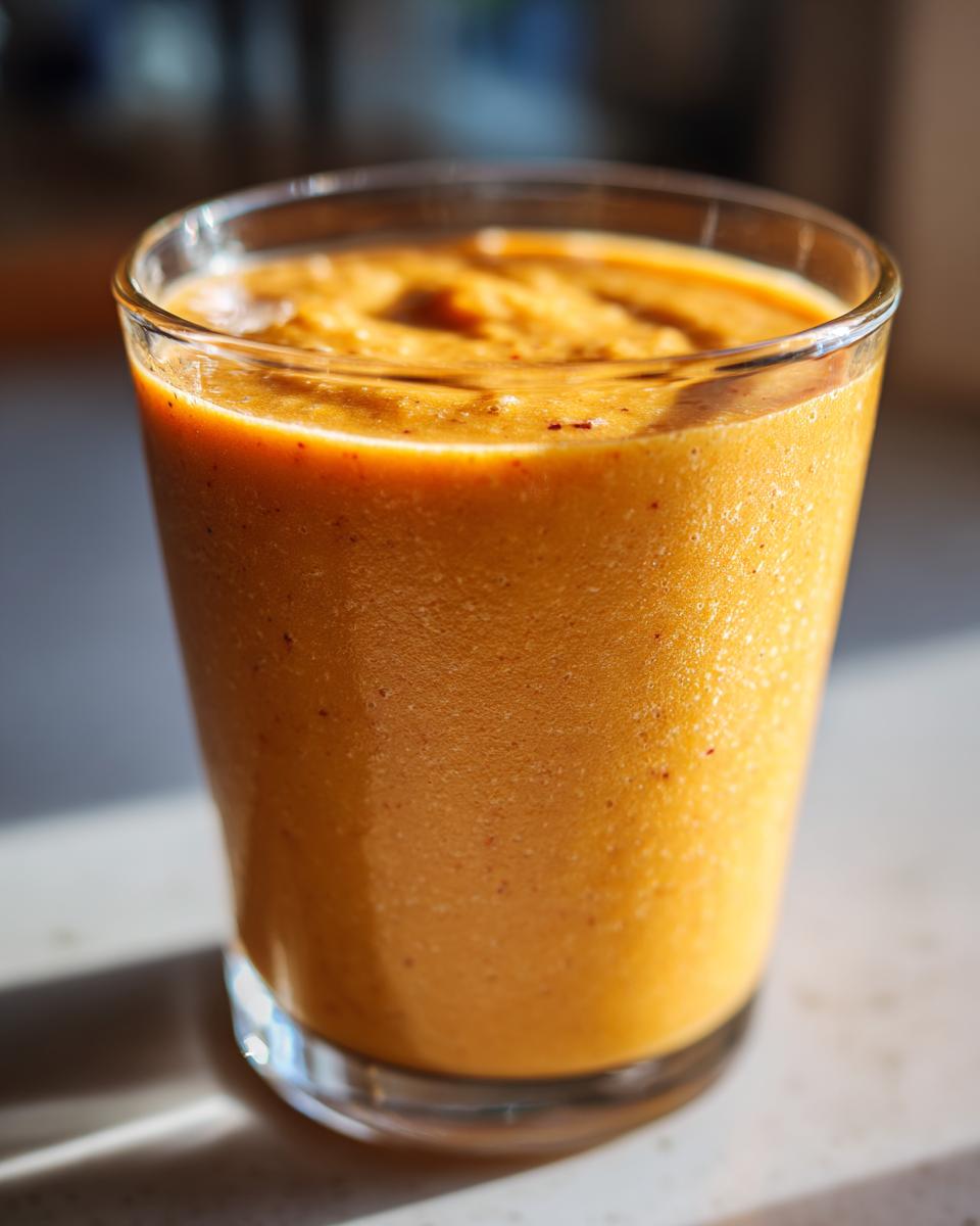 A close-up of a creamy peach yogurt smoothie in a clear glass, showcasing its vibrant orange color and smooth texture.