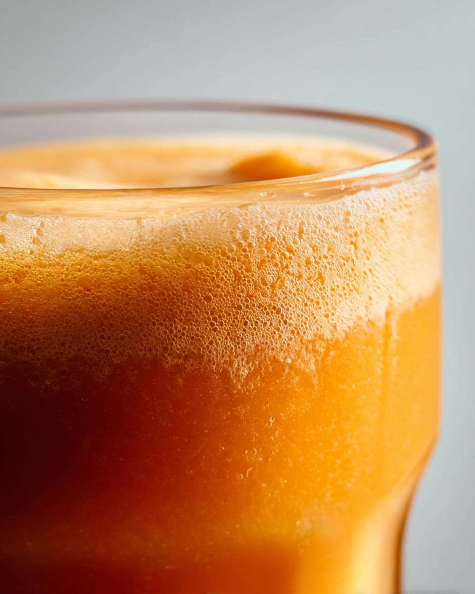 Close-up of a creamy peach yogurt smoothie with a frothy top in a glass.