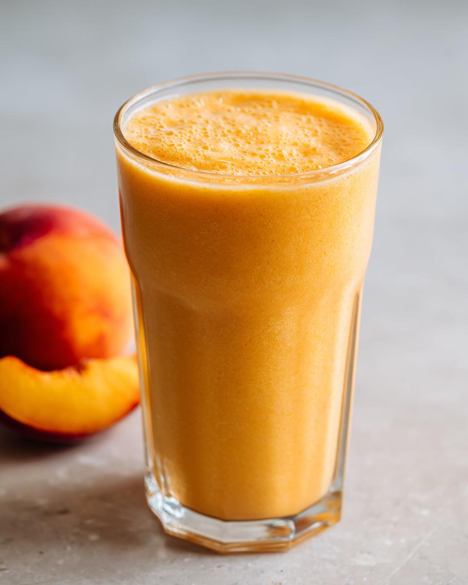 A tall glass filled with a creamy peach yogurt smoothie, with a whole peach and a slice in the background.