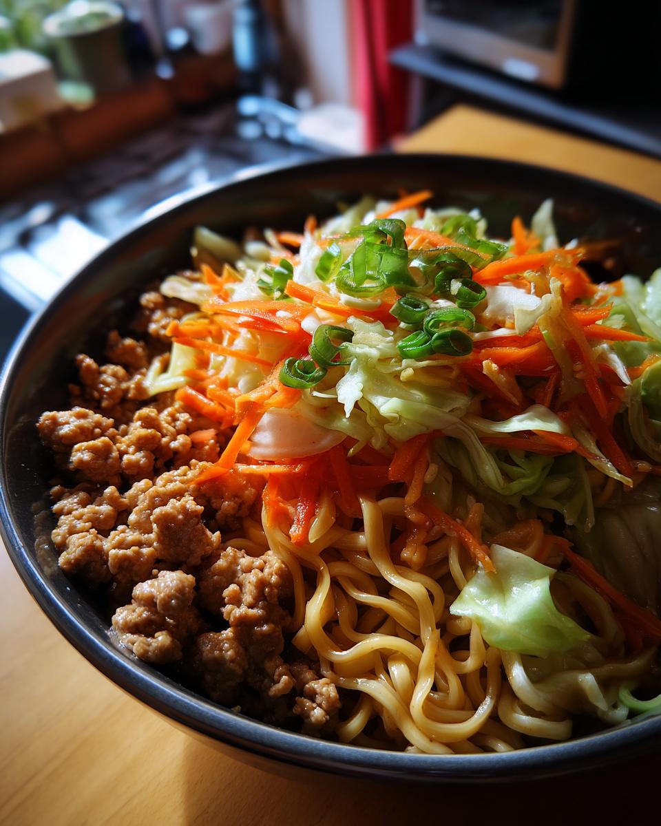 A close-up of a Potsticker Noodle Bowl featuring noodles, seasoned ground pork, shredded cabbage, carrots, and green onions.
