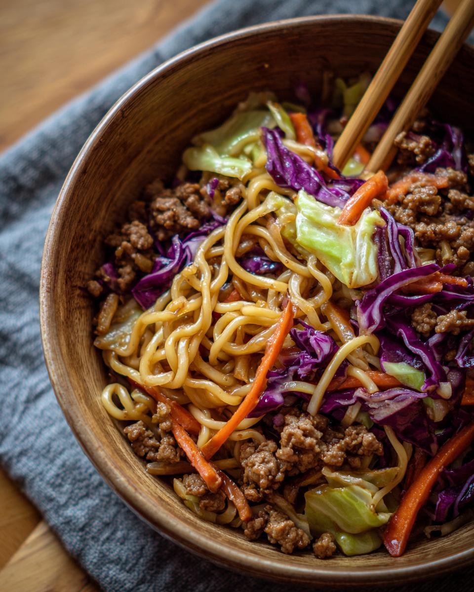 Close-up of a wooden bowl filled with Potsticker Noodle Bowl, featuring noodles, ground pork, and a colorful cabbage slaw.