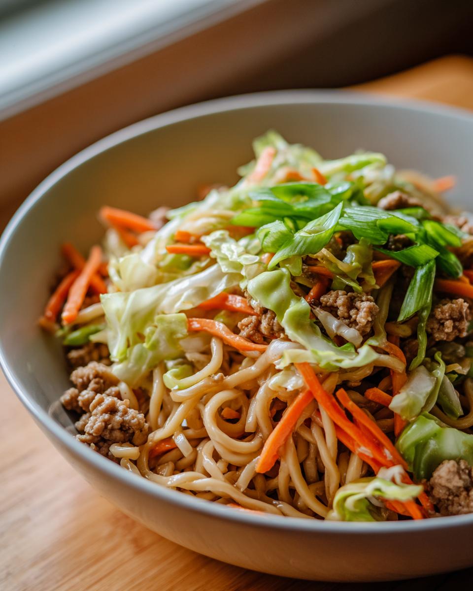 A close-up of a Potsticker Noodle Bowl with pork, shredded cabbage, carrots, and green onions.