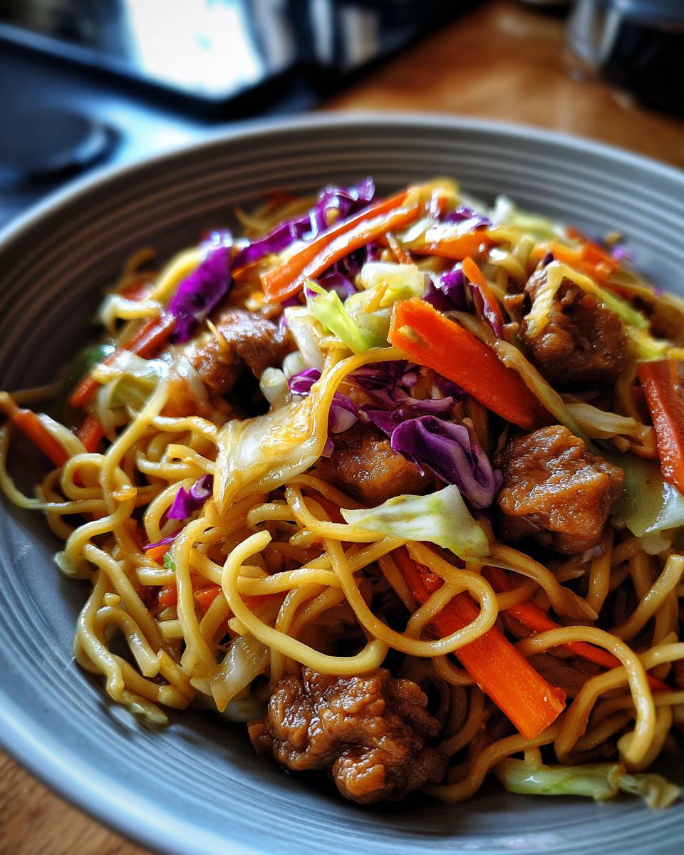 A close-up of a Potsticker Noodle Bowl with pork, noodles, carrots, and cabbage.