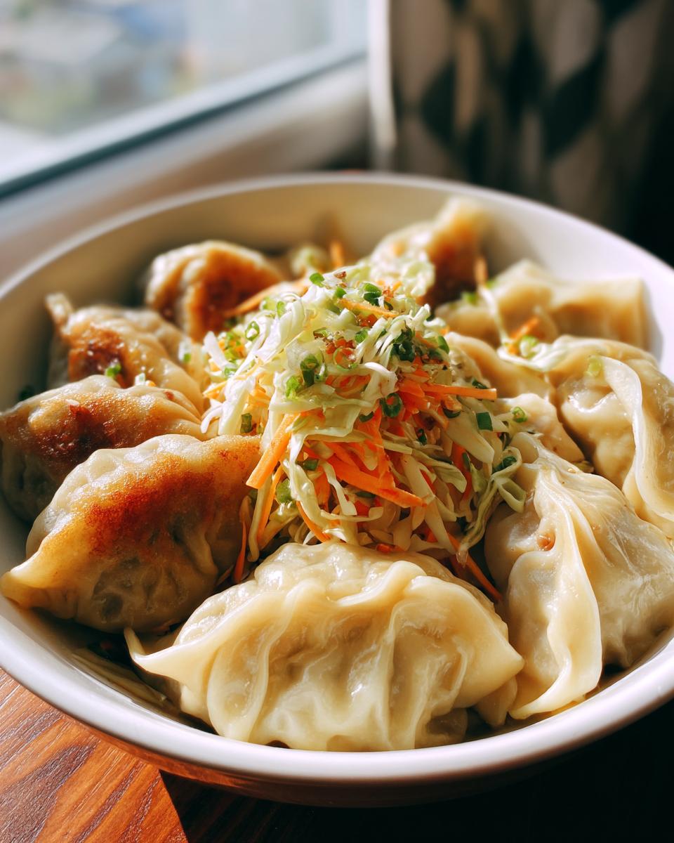 A close-up of a Potsticker Noodle Bowl with Pork & Cabbage Slaw, featuring pan-fried dumplings and a fresh slaw.